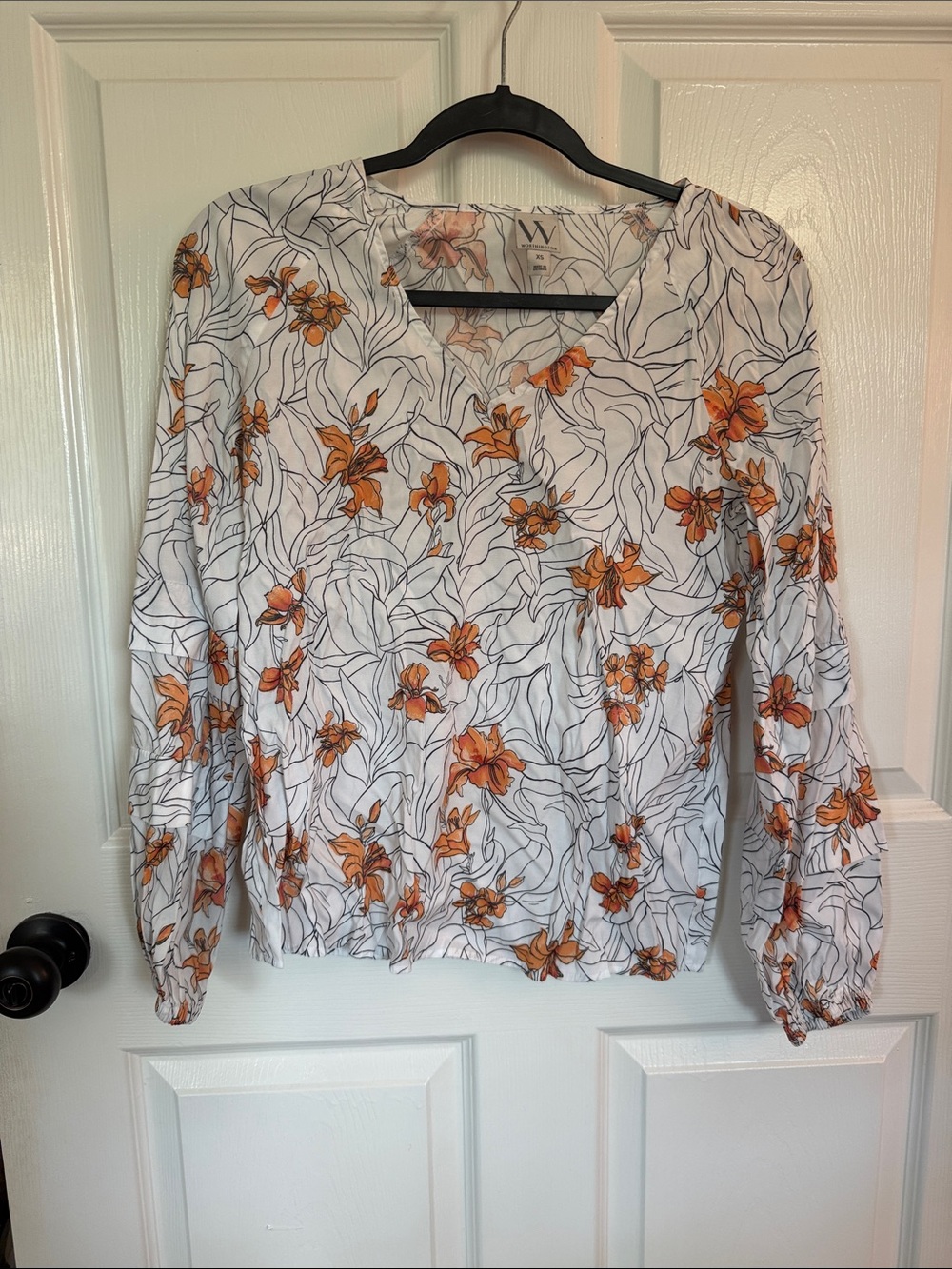 Worthington White Blouse with Orange Floral Print